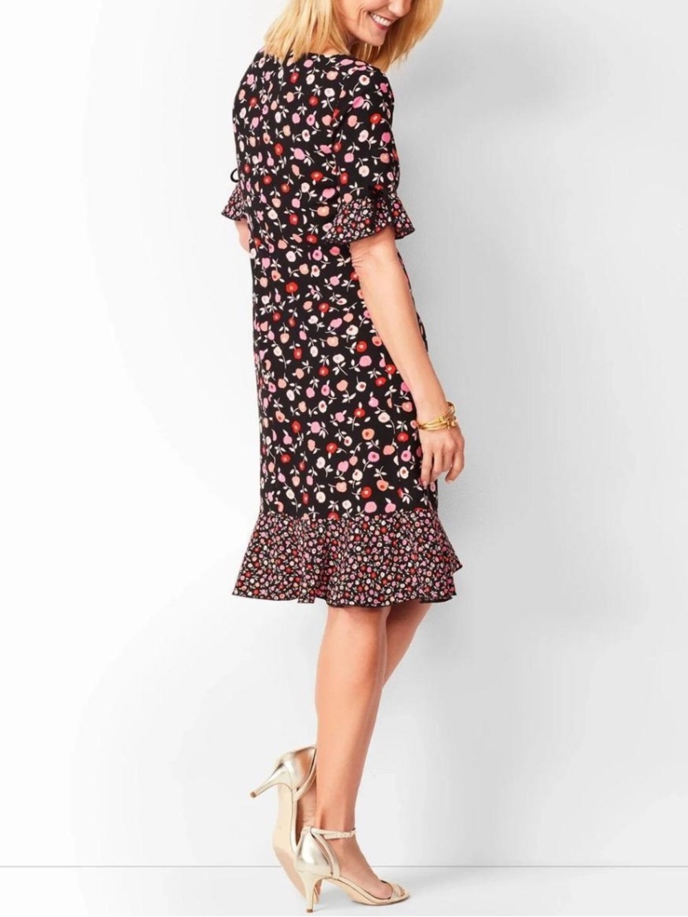 Talbots Floral Flounce Hem Dress Pink Red Black Ruffle Sleeve 10P Petite - Picture 3 of 10